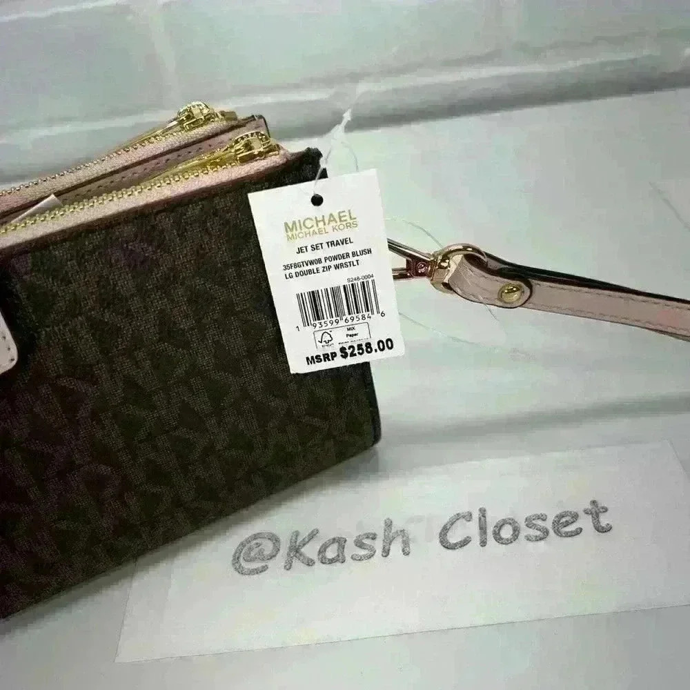 Michael Kors Double Zip Wristlet Large Wallet MK Signature PowderBlush Brown - Picture 8 of 8